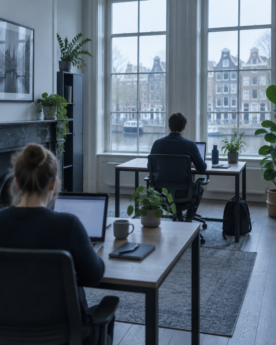 Zwei Personen arbeiten an Schreibtischen in einem hellen Büro