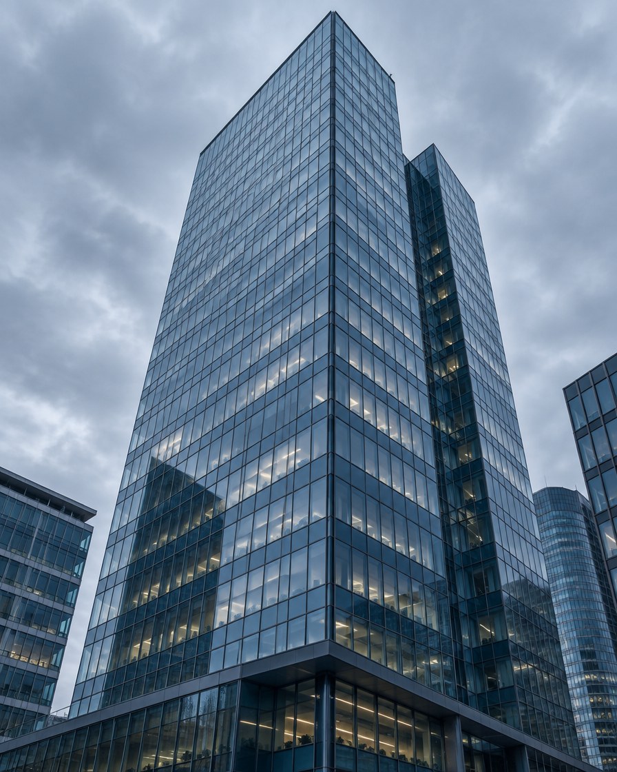 Bürohochhaus aus Glas vor bewölktem Himmel