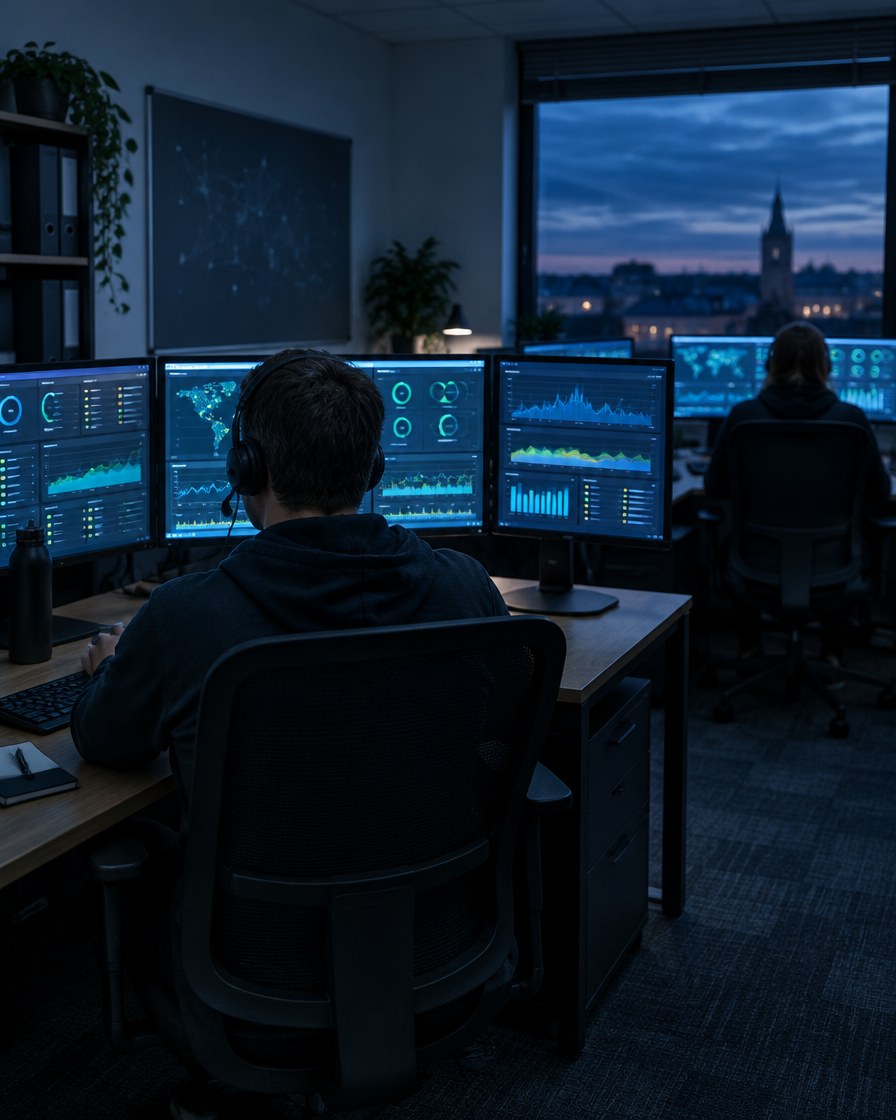 Techniker überwacht Kundensysteme auf mehreren Bildschirmen