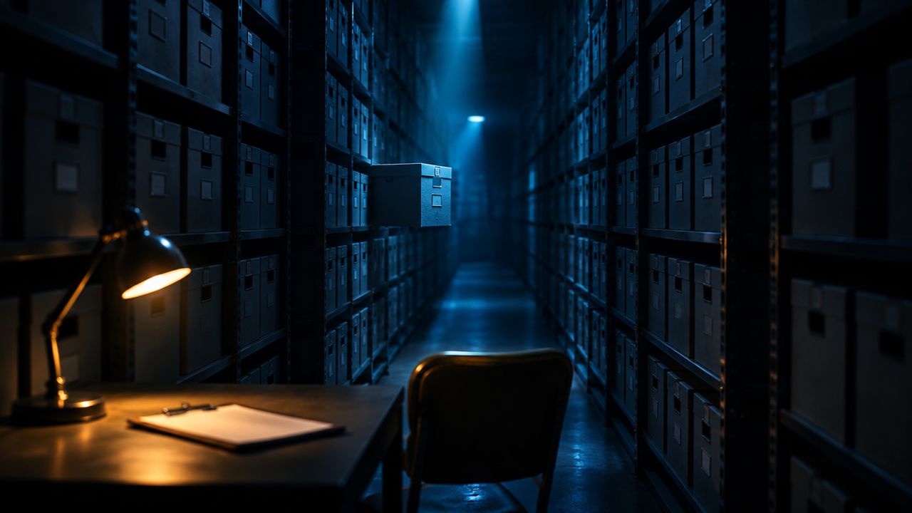Archivregale mit identischen Kartons, einer davon von einem türkisfarbenen Lichtstrahl erfasst, dazu eine bernsteinfarbene Lampe und ein leerer Stuhl als Sinnbild für markierte Backups