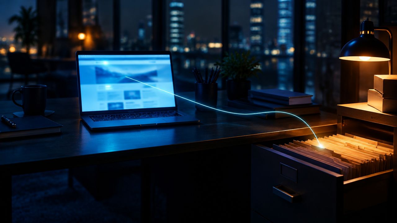 Laptop auf einem dunklen Schreibtisch, von dessen Bildschirm ein dünner Lichtfaden in eine offene Schublade mit Firmendateien führt