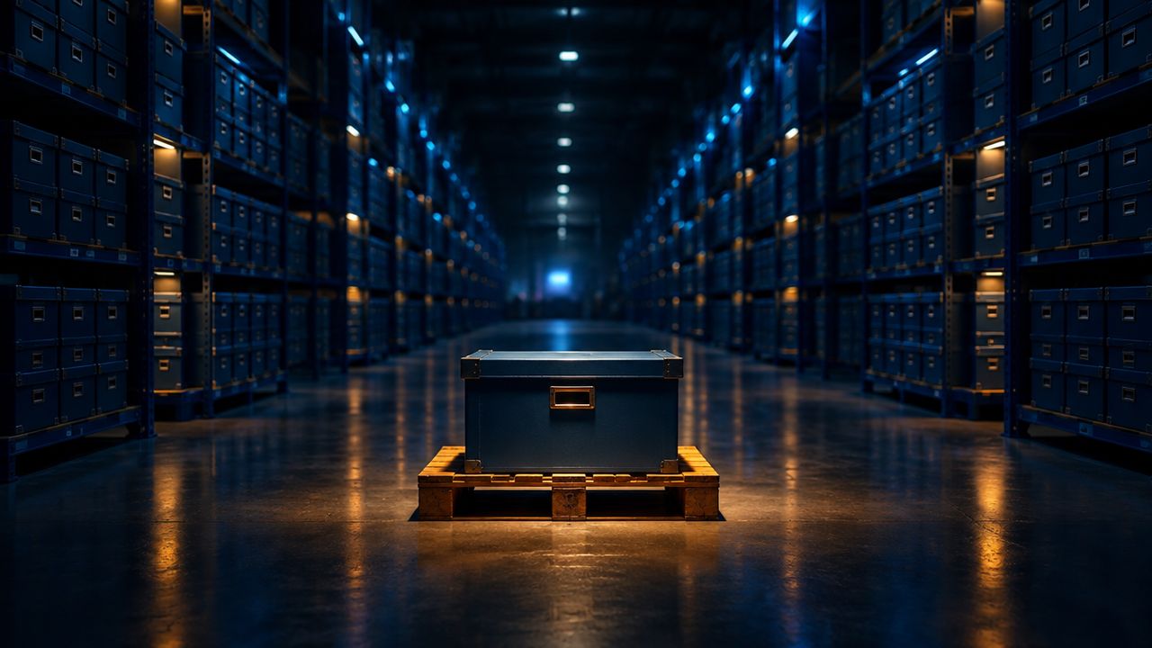 Archivkoffer, bernsteinfarben beleuchtet, auf einer Palette vor endlosen, blau beleuchteten Speicherregalen, als Bild für eine getrennte Backup-Kopie