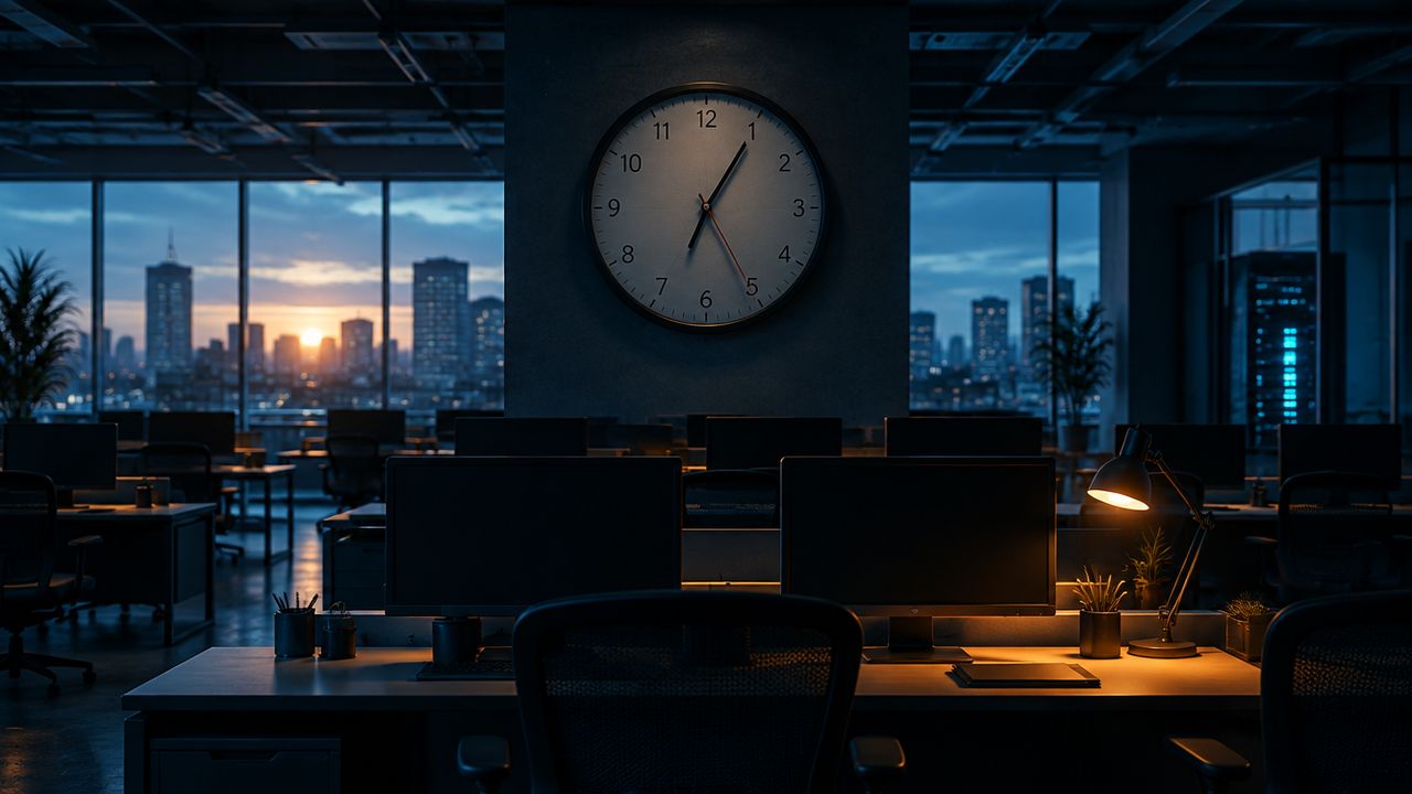Eine Wanduhr über einem leeren Großraumbüro mit dunklen Monitoren, als Bild für Stillstand bei einem IT-Ausfall