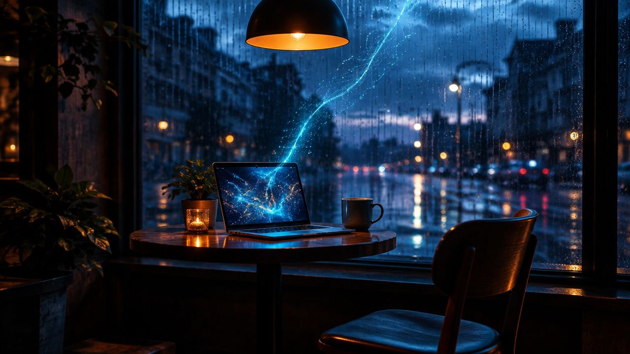 Unbeaufsichtigter, aufgeklappter Laptop auf einem Cafétisch an einem Fenster mit Regen in der Abenddämmerung: Geschäftsdaten verlassen das Büro