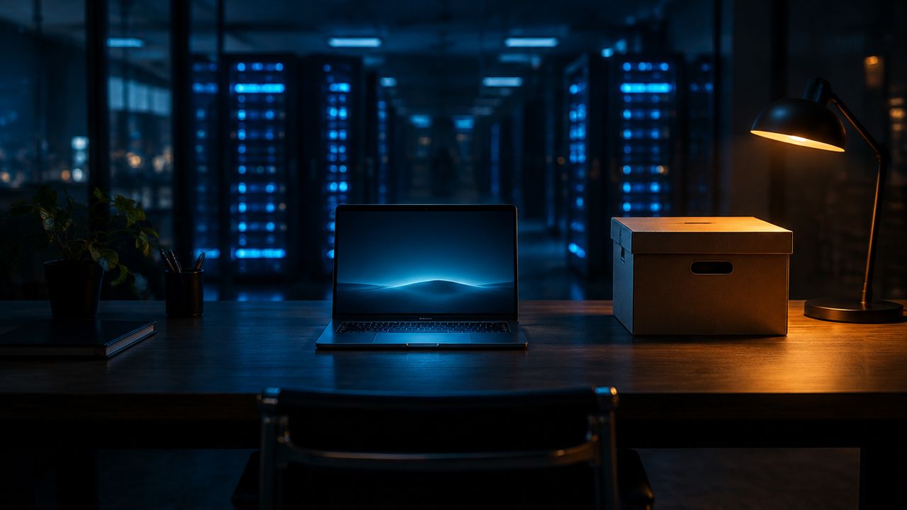 Laptop und verschlossene Archivbox unter einer Bernsteinlampe, dahinter unscharfe Serverschränke, als Bild für eine getrennte Backup-Kopie