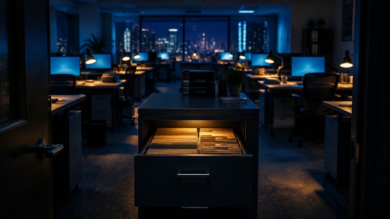 Beleuchtetes, laufendes Büro bei Nacht, im Vordergrund eine geöffnete, bernsteinfarben beleuchtete Archivschublade mit indexierten Ordnern