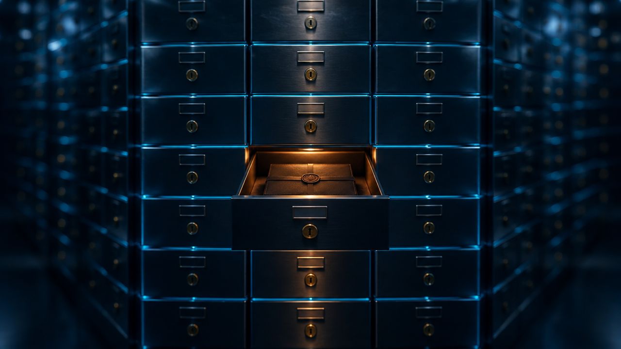 Wand aus identischen Stahlschubladen, eine geöffnet mit einem versiegelten Behälter im Bernsteinlicht, als Sinnbild für getrennte Kunden-Backups