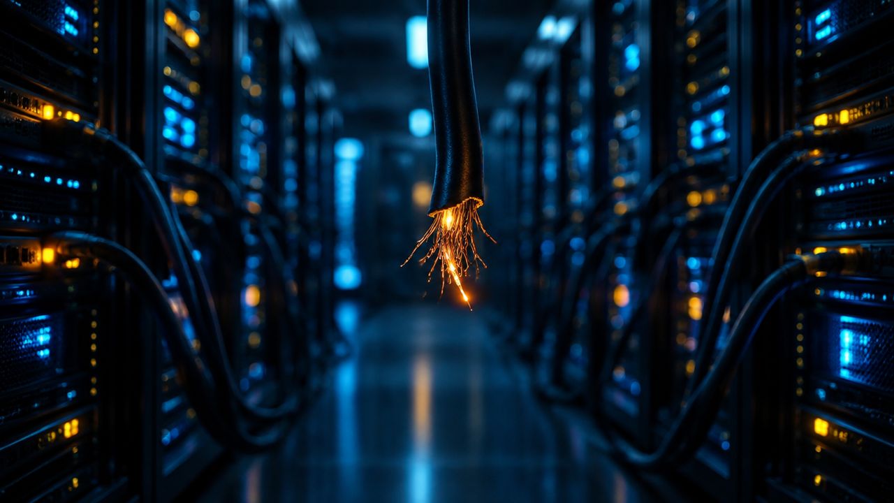 Laufende Server-Racks in einem dunklen Rechenzentrumsraum, im Fokus ein gekapptes Kabel als Bild für den Ausfall einer einzelnen externen Abhängigkeit