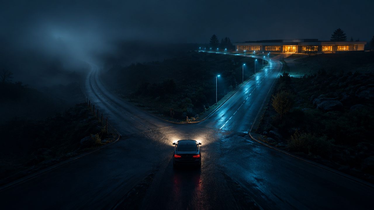 Ein Auto wartet nachts an einer Kreuzung zwischen einer dunklen, nebligen Straße und einer beleuchteten Straße, als Bild für die Entscheidung über das Lösegeld
