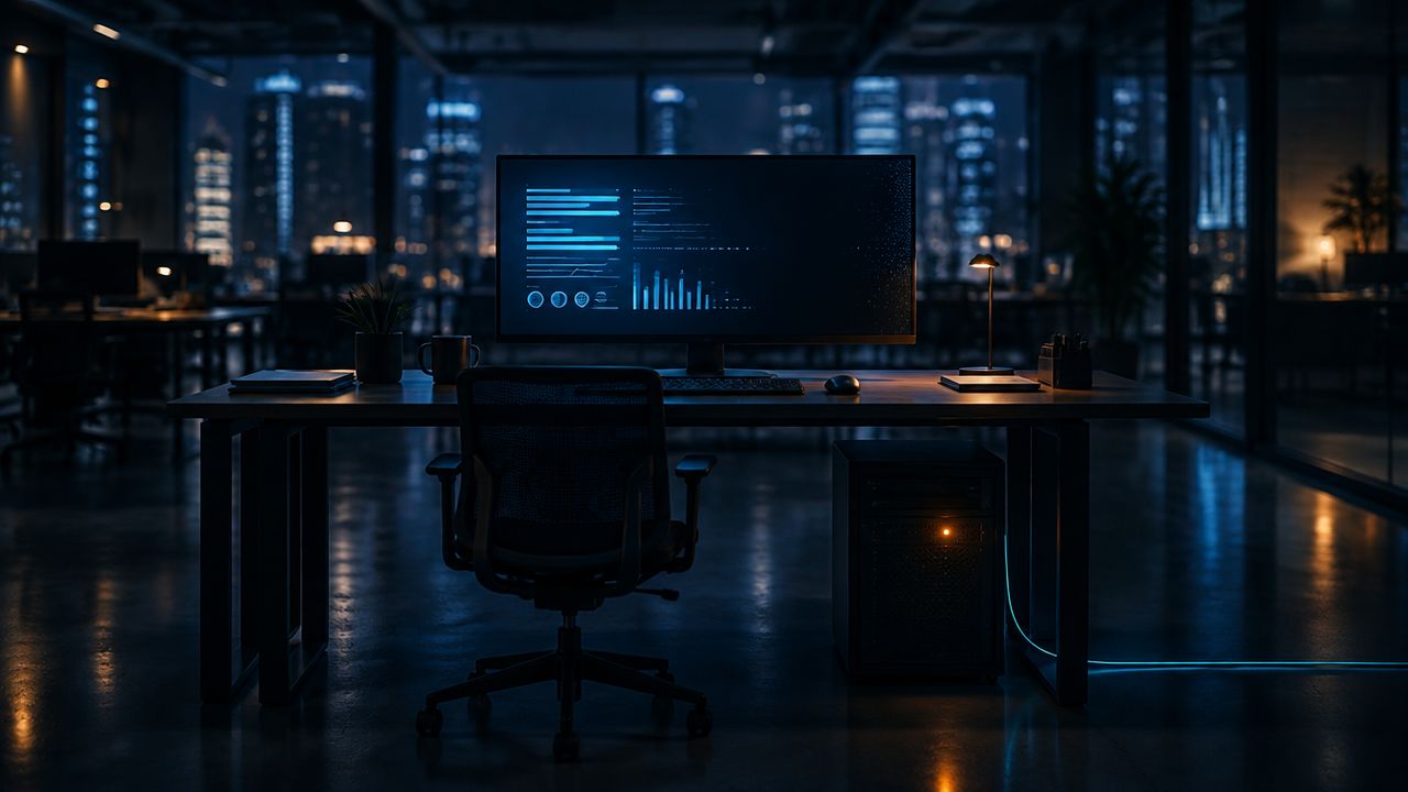 Nächtlicher Büroschreibtisch mit einem Dashboard, das auf einem Monitor verblasst, und einem kleinen Gateway-Server, der darunter leuchtet