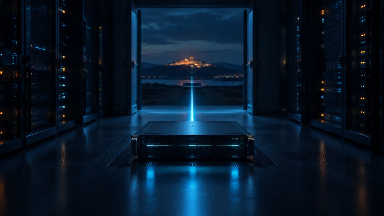 Serverschrank in einem dunklen Serverraum, ein Lichtstrahl führt zu einem fernen Gebäude als Sinnbild für eine Offsite-Backup-Kopie