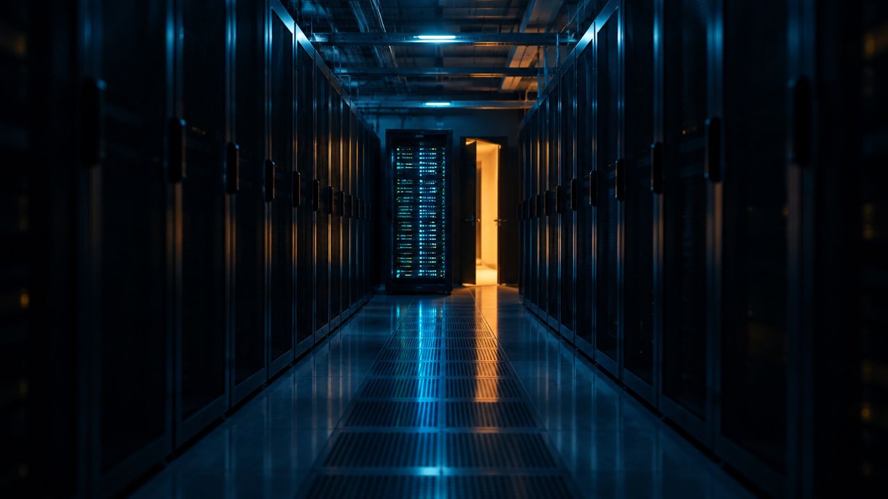 Ein dunkler Rechenzentrumsgang, in dem ein Server-Rack in der Mitte wieder hochgefahren ist, als Sinnbild für die Wiederherstellung nach Ransomware