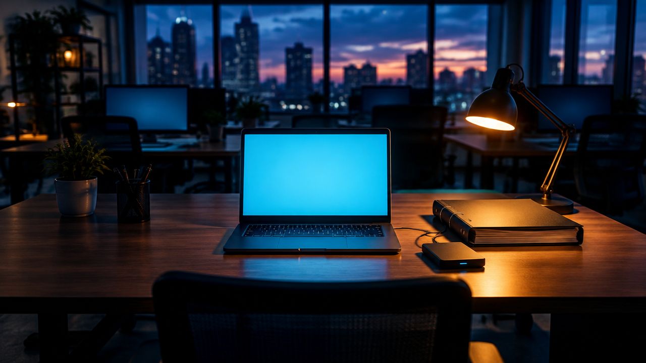 Büroschreibtisch in der Abenddämmerung mit eingefrorenem Laptop-Bildschirm neben einem Papierordner und einer externen Festplatte unter einer bernsteinfarbenen Lampe