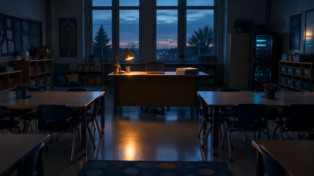 Leeres Klassenzimmer in der Dämmerung mit Laptop und Ordnern auf dem Lehrerpult als Sinnbild für die Schülerdaten, die Schulen schützen müssen
