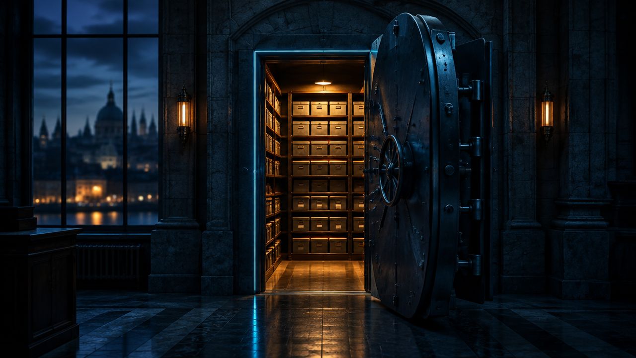 Halb geöffnete Tresortür eines Archivs in einem Steingebäude bei Nacht, im Inneren bernsteinfarben beleuchtete Regale, dahinter eine Stadtsilhouette