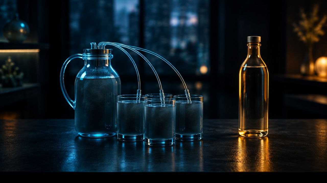 Verbundene Gläser, die dasselbe trübe Wasser teilen, daneben eine getrennte, versiegelte Flasche mit klarem Wasser, bernsteinfarben beleuchtet auf einem dunklen Schreibtisch