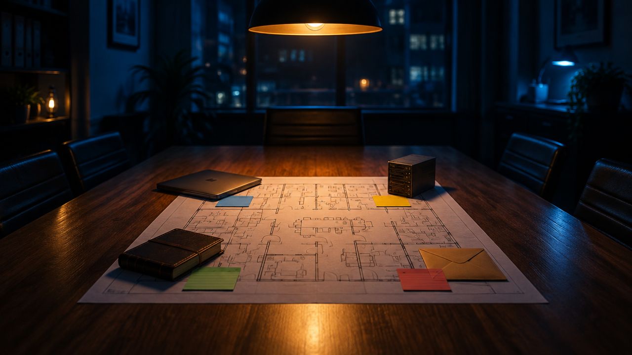 Bürotisch bei Nacht mit einem Grundriss, Karteikarten und kleinen Gegenständen für Laptop, Server und Hauptbuch, die einen Backup-Plan abbilden