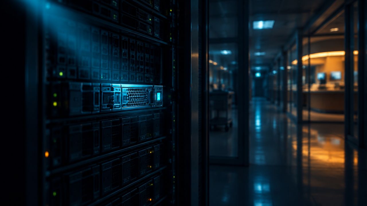 Lichtstrahl scannt ein Rack mit Backup-Laufwerken in einem schwach beleuchteten Serverraum eines Krankenhauses, dahinter ein unscharfer Korridor